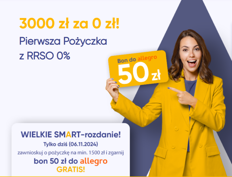 ✅ Smart Pożyczka: 50 zł premii za pożyczkę z RRSO 0% na kwotę od 1500 zł [promocja ważna tylko w dniu 6 listopada 2024 roku]! ✅