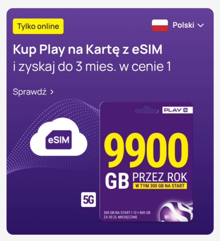 ✅ Play na kartę: 3 miesiące w cenie 1 i 9900 GB przez rok (eSIM lub SIM) w promocji za 16,66 zł na 3 miesiące! ✅